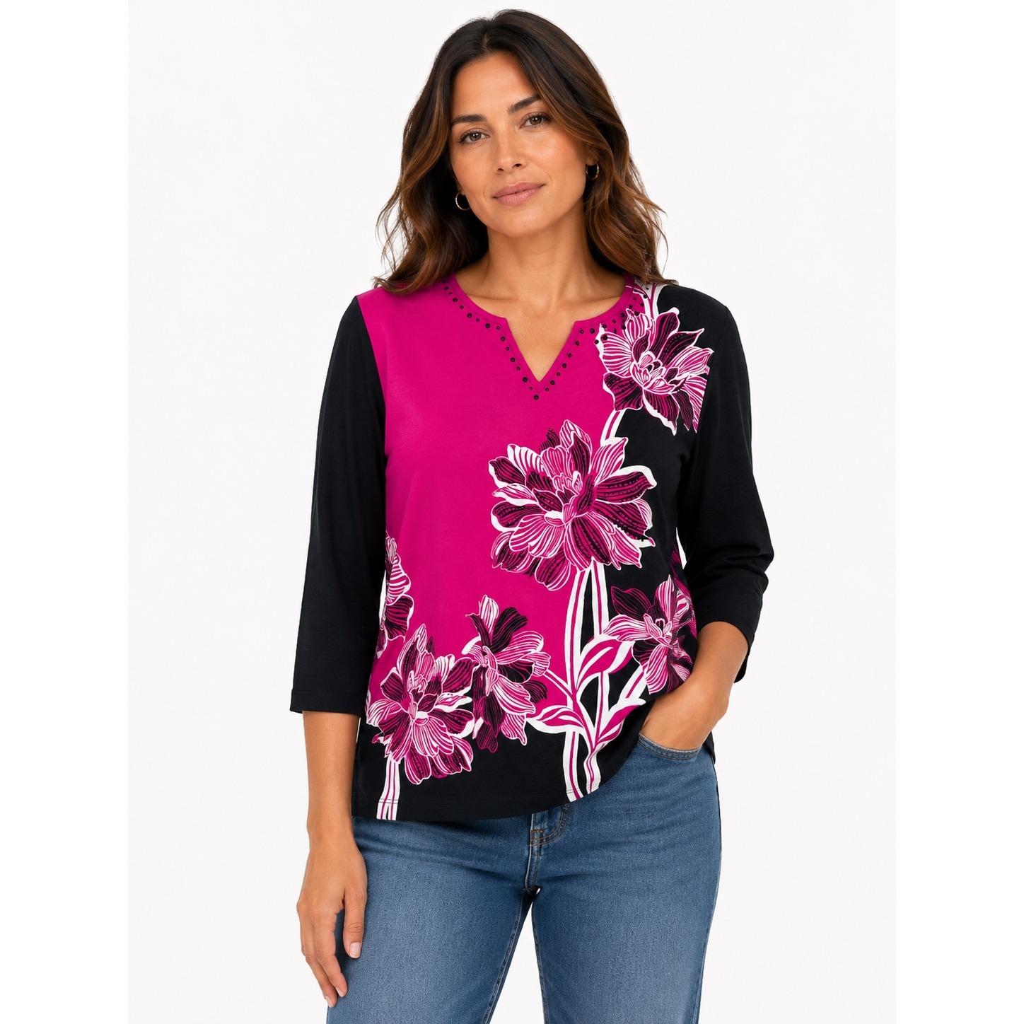 Alfred Dunner Top Womens Pm Pink Black Floral Studded 3/4 Sleeve Casual Shirt